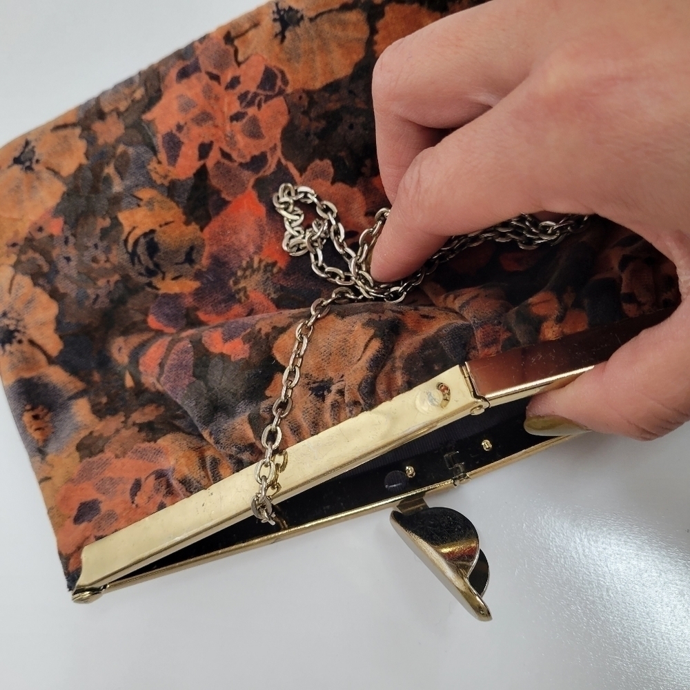 VTG Floral Fabric Unique Opening Bag Clutch Brown Orange Black Flora Gold Strap - Picture 12 of 17